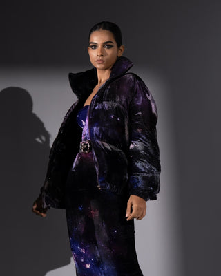 Purple galaxy velvet puffer