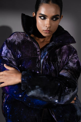 Purple galaxy velvet puffer