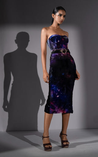 Purple galaxy silk velvet tube dress with belt