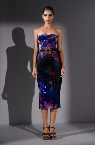 Purple galaxy silk velvet tube dress with belt