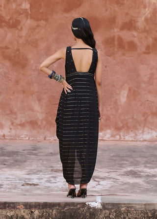 Chamee And Palak-Alder Black Draped Dress-INDIASPOPUP.COM