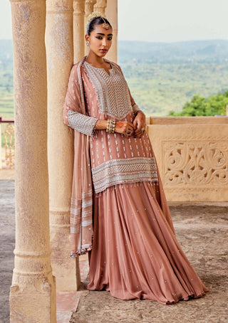 Amitabh Malhotra-Peach Bloom Embellished Tunic And Skirt Set-INDIASPOPUP.COM