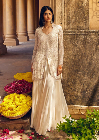 Amitabh Malhotra-Ivory Embellished Short Tunic And Skirt Set-INDIASPOPUP.COM