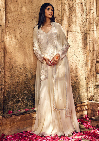 Amitabh Malhotra-Ivory Embellished Short Tunic And Skirt Set-INDIASPOPUP.COM