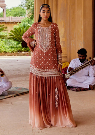 Amitabh Malhotra-Peach Embellished Tunic And Gathered Skirt Set-INDIASPOPUP.COM