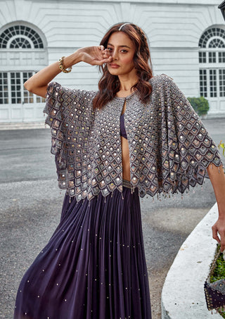 Amitabh Malhotra-Charcoal Gray Embellished Cape And Skirt Set-INDIASPOPUP.COM
