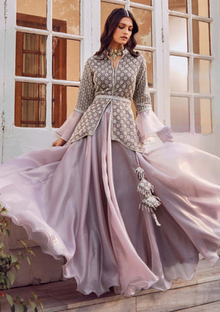 Amitabh Malhotra-Primrose Pink Embellished Peplum And Skirt Set-INDIASPOPUP.COM