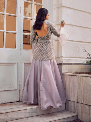 Amitabh Malhotra-Primrose Pink Embellished Peplum And Skirt Set-INDIASPOPUP.COM