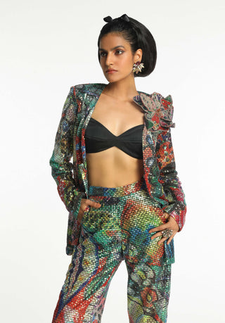 Luxora Barn Red Printed Jacket Set by Aisha Rao, available on Indiaspopup.com