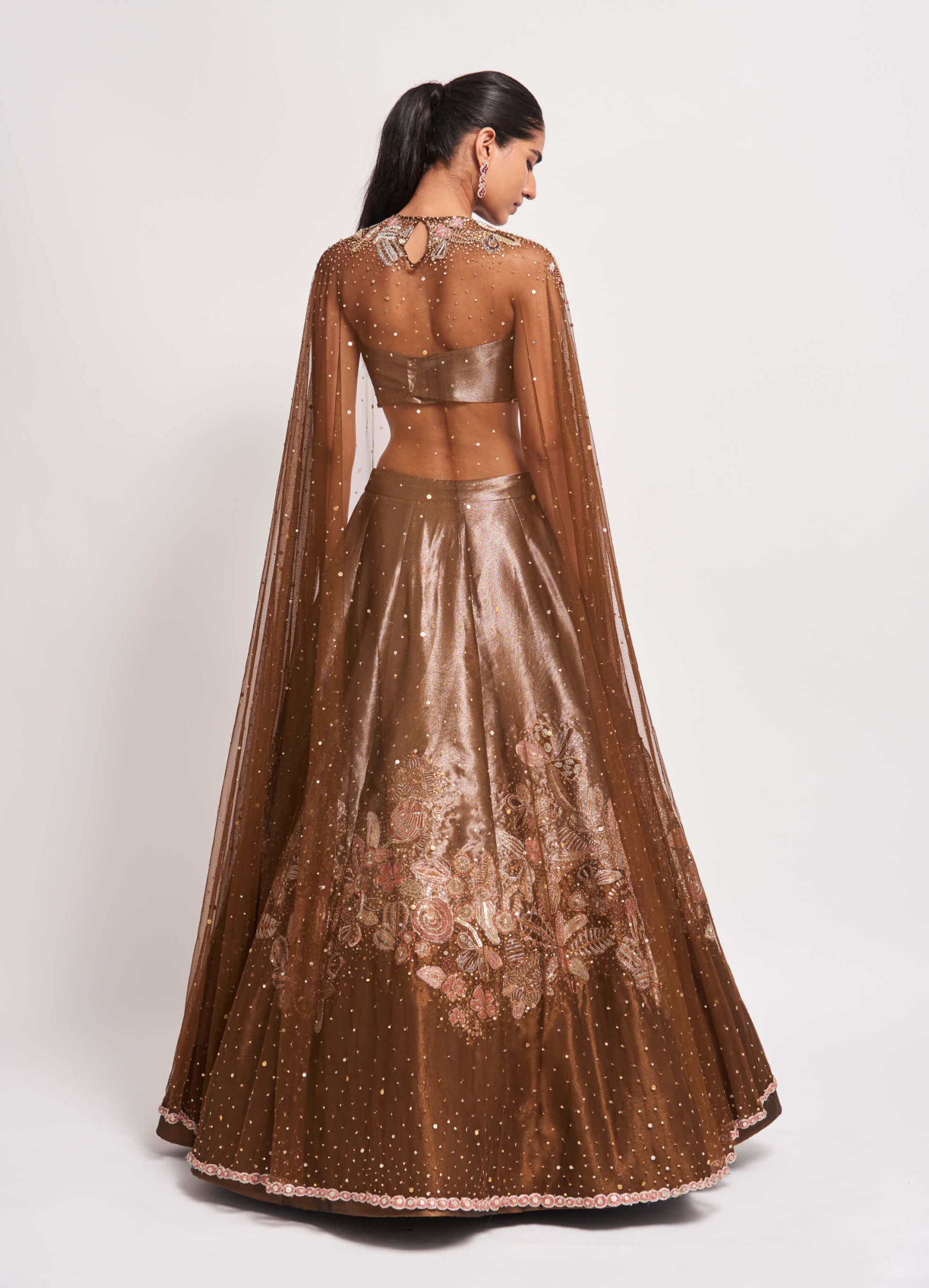 Aisha Rao | Copper Metallic Lehenga and Cape Blouse | INDIASPOPUP.COM M Aisha Rao | Copper Metallic Lehenga and Cape Blouse | INDIASPOPUP.COM M