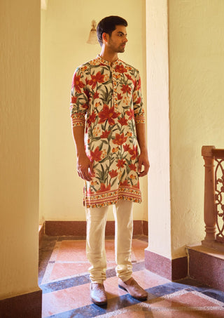 Akbari Cream Printed Kurta And Churidar by Ankit V Kapoor available on Indiaspopup.com