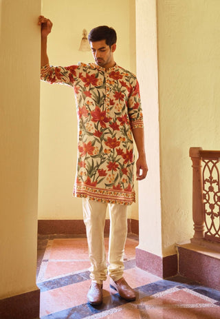 Akbari Cream Printed Kurta And Churidar by Ankit V Kapoor available on Indiaspopup.com