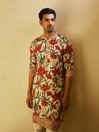 Akbari Cream Printed Kurta And Churidar by Ankit V Kapoor available on Indiaspopup.com