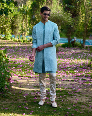 Akbari Powder Blue Bundi Set by Ankit V Kapoor available on Indiaspopup.com