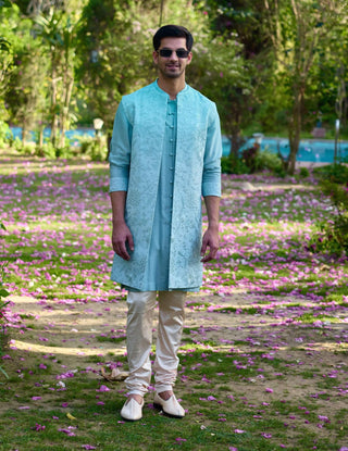 Akbari Powder Blue Bundi Set by Ankit V Kapoor available on Indiaspopup.com