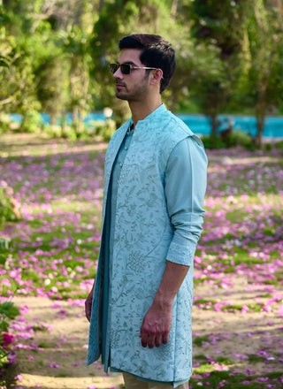 Akbari Powder Blue Bundi Set by Ankit V Kapoor available on Indiaspopup.com