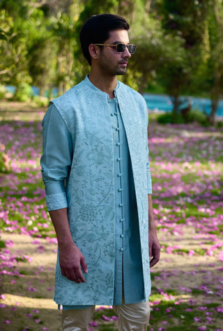 Akbari Powder Blue Bundi Set by Ankit V Kapoor available on Indiaspopup.com