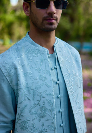 Akbari Powder Blue Bundi Set by Ankit V Kapoor available on Indiaspopup.com