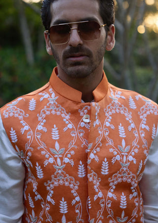 Gohar Orange Bundi And Off-White Kurta Set by Ankit V Kapoor available on Indiaspopup.com