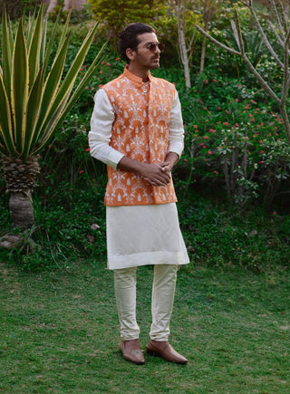 Gohar Orange Bundi And Off-White Kurta Set by Ankit V Kapoor available on Indiaspopup.com