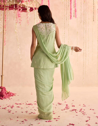Mint green embellished peplum and pre-stitched dhoti style sari