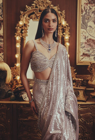 Ada grey drape sari and cape set