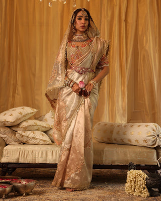 Pearl gold and rose gold zari tissue sari set