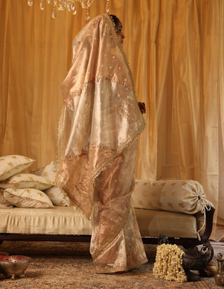 Pearl gold and rose gold zari tissue sari set