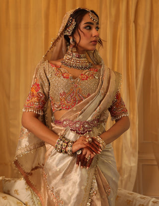 Pearl gold and rose gold zari tissue sari set