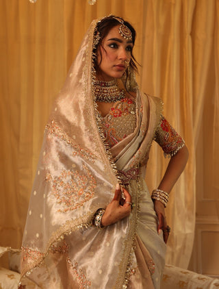 Pearl gold and rose gold zari tissue sari set