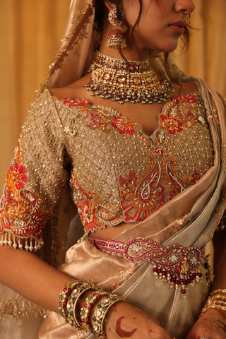 Pearl gold and rose gold zari tissue sari set