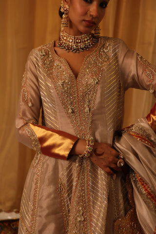 Rose gold pure zari tissue anarkali and dupatta
