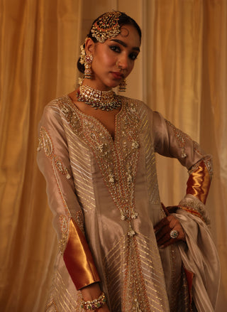 Rose gold pure zari tissue anarkali and dupatta