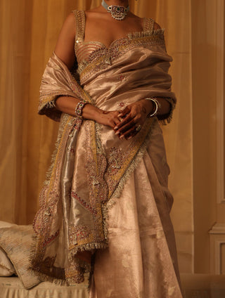 Rose gold 6-yard pure zari tissue sari set