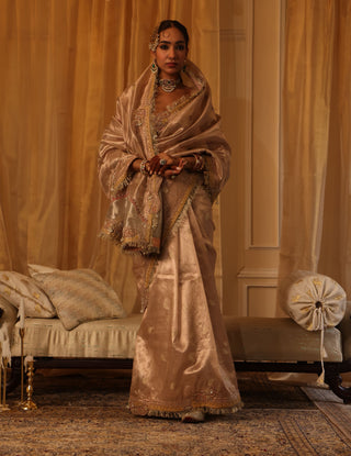 Rose gold 6-yard pure zari tissue sari set