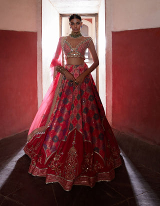 Coral Banarsi Chanderi Lehenga Set by Aditi Gupta available on Indiaspopup.com