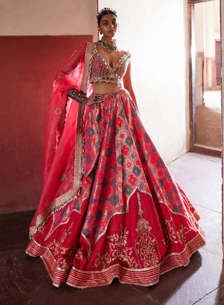 Coral Banarsi Chanderi Lehenga Set by Aditi Gupta available on Indiaspopup.com