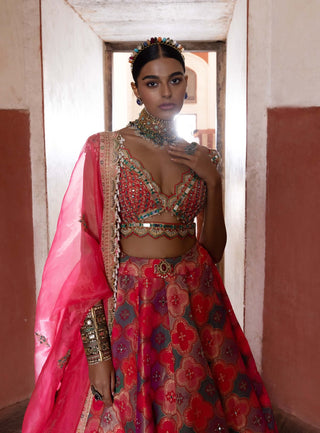 Coral Banarsi Chanderi Lehenga Set by Aditi Gupta available on Indiaspopup.com