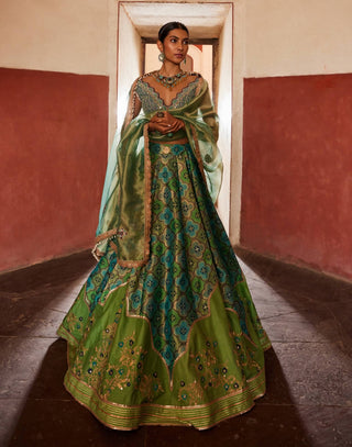 Green Banarsi Chanderi Lehenga Set by Aditi Gupta available on Indiaspopup.com