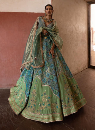 Green Banarsi Chanderi Lehenga Set by Aditi Gupta available on Indiaspopup.com