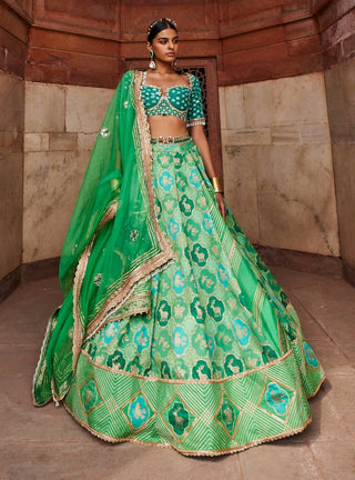 Green Banarsi Chanderi Lehenga Set by Aditi Gupta available on Indiaspopup.com