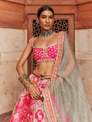 Hot Pink Banarsi Chanderi Lehenga Set by Aditi Gupta available on Indiaspopup.com