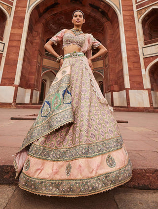 Powder Pink Bandhani Lehenga Set by Aditi Gupta available on Indiaspopup.com