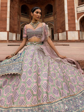 Powder Pink Bandhani Lehenga Set by Aditi Gupta available on Indiaspopup.com