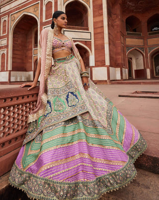 Powder Pink Bandhani Banarasi Lehenga Set by Aditi Gupta available on Indiaspopup.com