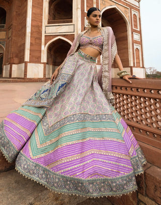 Powder Pink Bandhani Banarasi Lehenga Set by Aditi Gupta available on Indiaspopup.com