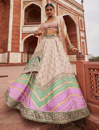 Powder Pink Bandhani Banarasi Lehenga Set by Aditi Gupta available on Indiaspopup.com