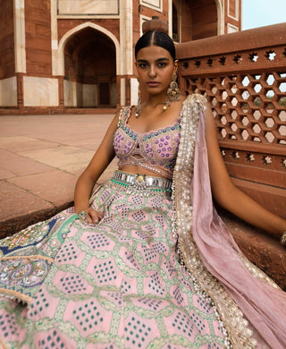 Powder Pink Bandhani Banarasi Lehenga Set by Aditi Gupta available on Indiaspopup.com