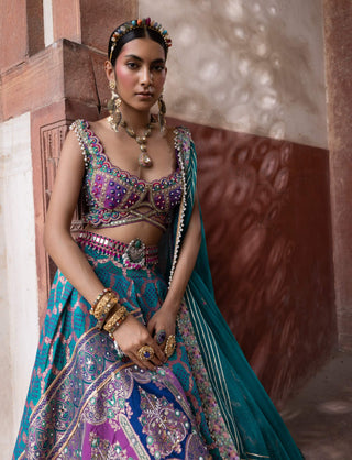 Teal Bandhani Banarasi Lehenga Set by Aditi Gupta available on Indiaspopup.com