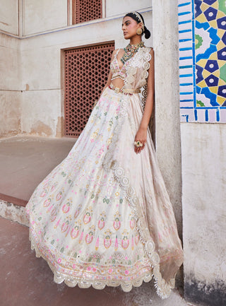 Ivory Chanderi Banarasi Lehenga Set by Aditi Gupta available on Indiaspopup.com